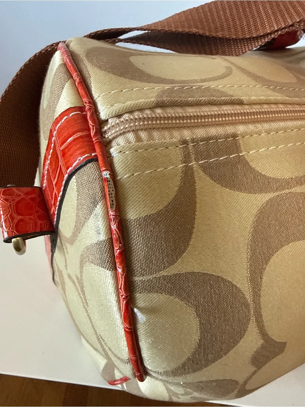 Vintage Y2K Coach Heritage Stripe Boston Duffel Satchel Bag #1388 Purple Lining